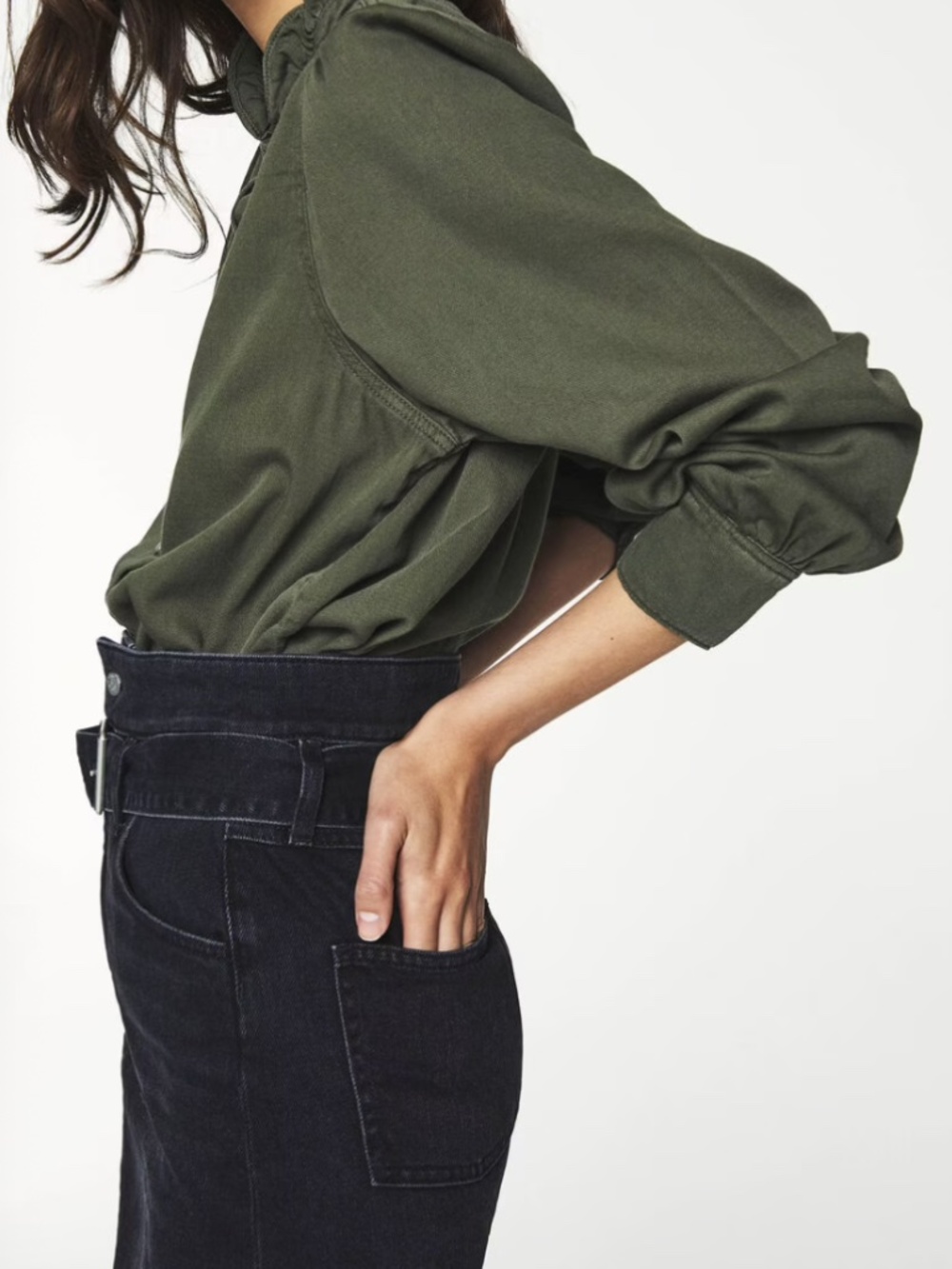 ba&sh Axelle olive Ruffle-Neck button front shirt - Picture 4 of 15
